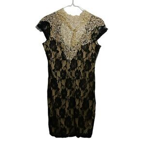 Elegant Minerva Dress Women L Black Lace Overlay High Neck Fitted Y2K